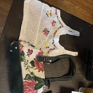 Floral Canvas and Green Leather Accent Tote Bag - Green with crochet top